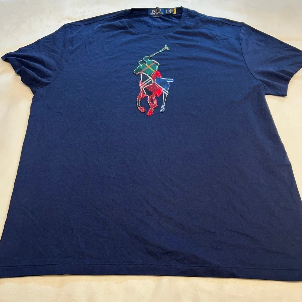 Polo Ralph Lauren Mens XL Navy Blue Plaid Patchwork Big Pony T-Shirt Classic Fit